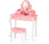 FANTASK Coiffeuse pour Enfant avec Miroir Rotatif à 360 °, Coiffeuse Rose Princesse avec Tabouret et tiroirs, Commode de Maquillage pour Fille
