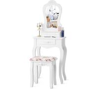 FANTASK Coiffeuse Vintage avec Miroir Amovible, Petite Table de Maquillage avec 3 tiroirs et Tabouret rembourré, Coiffeuse en Blanc