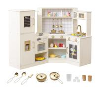 FANTASK Cuisine d'angle en Bois pour Enfants, avec Robinet de Circulation d'eau, Distributeur de Glace et Accessoires de Cuisine, cuisinière, Four, Micro-Ondes, Lave-Vaisselle, Cuisine de Jeu pour