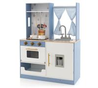 FANTASK Cuisine en Bois pour Enfant avec Rideaux, cuisinière, évier, Four et Distributeur d'eau, Jouet avec ustensiles de Cuisine, Sons et lumières, pour Enfants à partir de 3 Ans