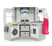 FANTASK Cuisine en bois pour enfants avec lumière et son, cuisine d'angle avec hotte aspirante, système de circulation de l'eau, distributeur d'eau, machine à laver, cuisine pour enfants à partir de 3