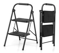 FANTASK Escabeau Pliable à 2 marches - Jusqu'à 150 kg - avec Main Courante antidérapante et Plateforme - en métal - pour la Maison, Le Bureau, Le Garage - Noir