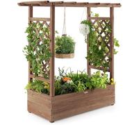 FANTASK Jardinière surélevée avec Treillis et Toit Suspendu, bac à Plantes avec tuteur, bac à Fleurs pour Plantes grimpantes et paniers Suspendus, Marron