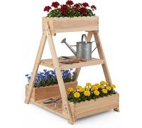 FANTASK Jardinière Verticale surélevée à 3 Niveaux, 66 x 58 x 60 cm, escalier à Fleurs avec 3 jardinières et 2 étagères, Cadre en A, Support pour Plantes en Bois de Sapin, jardinière pour terrasse
