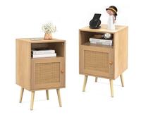FANTASK Lot de 2 Tables de Chevet avec étagère et Porte Ouvertes en rotin - Table de Chevet - Style Maison de Campagne pour Chambre à Coucher et Salon - 40 x 39 x 70 cm - Naturel