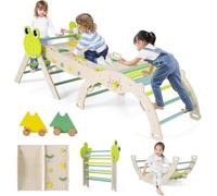 FANTASK Lot de 3 Triangles d'escalade 7 en 1 pour l'intérieur avec Toboggan, Arche d'escalade, Rampe Double Face, kit de Blocs de Construction et 2 Voitures, Triangle d'escalade Grenouille en Bois