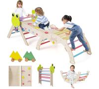 FANTASK Lot de 3 Triangles d'escalade 7 en 1 pour l'intérieur avec Toboggan, Arche d'escalade, Rampe Double Face, kit de Blocs de Construction et 2 Voitures, Grenouille Triangle d'escalade en Bois