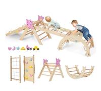 FANTASK Lot de 4 triangles d'escalade 7 en 1 pour l'intérieur avec toboggan, arche d'escalade, filet, rampe double face, kit de blocs de construction et 2 voitures, triangle d'escalade licorne en bois