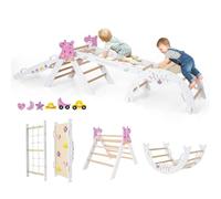 FANTASK Lot de 4 triangles d'escalade 7 en 1 pour l'intérieur avec toboggan, arche d'escalade, filet, rampe double face, kit de blocs de construction et 2 voitures, triangle d'escalade licorne en bois
