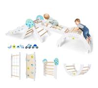 FANTASK Lot de 4 Triangles d'escalade 7 en 1 pour l'intérieur avec Toboggan, Arche d'escalade, Filet, Rampe Double Face, kit de Blocs de Construction et 2 Voitures, Triangle d'escalade Univers, en