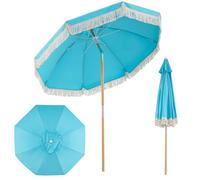 FANTASK Parasol de plage bohème, 170 cm, avec franges, pliable des deux côtés à 30 °C, parasol de jardin, de terrasse, de marché, pour jardin, balcon, terrasse (bleu)