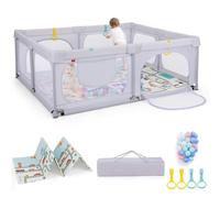 FANTASK Parc pliable pour bébé avec matelas 189 x 158 cm, parc avec 50 balles de jeu et 4 poignées, gris clair