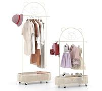 FANTASK Portant à vêtements pour enfant sur roulettes avec tringles réglables en hauteur, avec panier et décoration d'ours, blanc, 81 x 34 x 130-182 cm