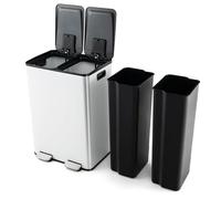 FANTASK Poubelle double en acier inoxydable - 2 x 30 l - Anti-odeurs - Avec couvercle à fermeture douce - En acier inoxydable et plastique - Blanc