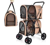 FANTASK Poussette pour chien à 2 étages avec fenêtres en maille et porte-gobelet, poussette pour animaux de compagnie jusqu'à 16 kg, poussette pour chats et petits chiens, poussette pour chien et