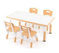 FANTASK Salon de Jardin en Bois, Table réglable en Hauteur avec Plateau Graffiti, Table de Dessin pour Enfants, avec 4 chaises, pour garçons et Filles à partir de 18 Mois, Naturel