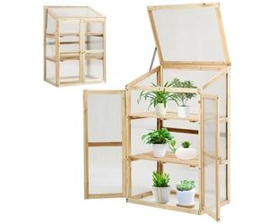 FANTASK Serre surélevée à 3 étages en Bois résistant aux intempéries avec 2 Portes et Couvercle, fenêtre en Polycarbonate, Plate-Bande pour Plantes, Armoire d'élevage, 60 x 45 x 100 cm, Naturel
