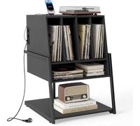 FANTASK Support de Tourne-Disque avec Station de Charge - Table Vinyle avec Plateau Large - 4 séparateurs et étagère inférieure - Support pour disques vinyles pour Bureau et Salle de Musique (Noir)