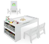 FANTASK Table 3 en 1 pour enfant - Table en bois avec 2 chaises - Chevalet blanc avec plateau amovible avec 5 gobelets de couleur - 6 récipients en tissu - Ensemble de sièges pour enfants avec plateau