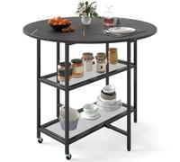 FANTASK Table à Manger Pliable pour 2 à 4 Personnes, Ronde, avec 2 Compartiments de Rangement, Table Pliante Mobile Aspect marbre pour Salle à Manger, Salon (Noir)