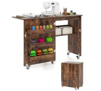 FANTASK Table de Couture et Bureau Pliable avec 3 étagères, Armoire de Machine à Coudre 2 en 1 pour bobines et roulettes verrouillables, Armoire à Couture en Bois pour Bureau, Salon et Chambre à