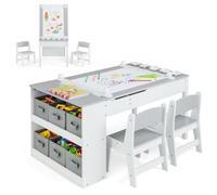 FANTASK Table pour Enfant avec 2 chaises, Table d'activité 3 en 1 et chevalet en Bois avec Plateau relevable, gobelets de Peinture, 6 récipients en Tissu et Rouleau en Papier, Groupe de sièges pour