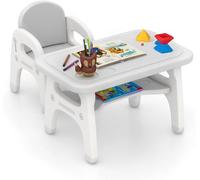 FANTASK Table pour enfant avec chaise au design dinosaure gris, table de bricolage, ensemble de sièges pour enfants avec blocs de construction et étagère, ensemble de chaises pour enfants de plus de 3
