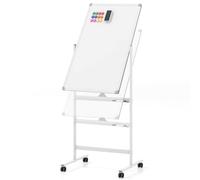 FANTASK Tableau blanc mobile double face avec roulettes, support et porte-stylo, réglable en hauteur en aluminium, 60 x 90 cm, blanc