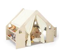 FANTASK Tente de Jeu 6 en 1 en Bois, avec Table, Chaise et étagère pour Enfants, Maison de Jeu avec Tapis, Tableau Noir, boîtes de Rangement, boîte à Craie, Maison de Jeu d'intérieur pour Enfants à