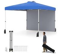 FANTASK Tonnelle Pliante 3 x 3 m avec paroi latérale et 4 Sacs de Sable, Tente de réception avec Sac à roulettes, 8 Sardines, 4 ancrages et 4 Cordes à Vent, Protection UV 50+, extérieur, Bleu