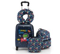 FANTASK Valise pour Enfant 5 pièces + Sac à Dos, Valise Rigide avec boîte à déjeuner, Bagage à Main, Valise de Voyage, Noire, Dinosaures, Mignon