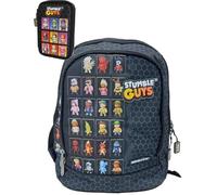 Fantastiko Sac à dos scolaire Stumble Guys noir rond + trousse 3 fermeture éclair complète + porte-clés offert, Noir , 40x27x13 cm