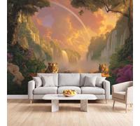 Fantastique Jungle Animaux Papier Peint Photo Mural Plusieurs Mesures | Tigre Pente Herbeuse Cascade Coucher De Soleil Papier Peint Panoramique pour Salon Chambre D'Enfan 150 x 105 cm Intérieure