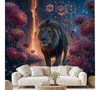 Fantastique Lion Floral Feuilles Papier Peint Intissé Psychédélique Mystérieux Géométrique Mural Art Numérique Papier Peint Autocollant Mural 100x70 cm pour Chambre Salle de Bain Salon