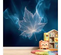 Fantastique Papier Peint Panoramique 200L x 140H cm, Abstrait Nature Botanique Feuille d'Érable Papier Peint - Bleu Foncé Photo Fresque Murale Moderne Décoration pour Salon Chambre d'enfant Fond TV