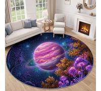 Fantastique Planète Tapis Salon 90 cm Rond, Lavable en Machine, Ciel Étoilé Plante Champignon Antidérapant Tapis Doux Poil Ras pour Chambre Cuisine Bureau, Sombre Descente de Lit Patio Décoratif