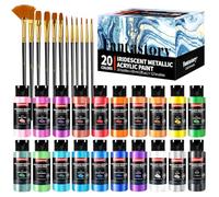 Fantastory Peinture acrylique métallique, 60 ml, 20 couleurs irisées, 12 pinceaux, imperméable à l'eau,non décolorant,non toxique ; pour toile, bois,maquettes ;artistes,professionnels,débutants