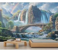 Fantasty Landscape Wallpapers Natural Wonders Waterfall Wallpaper Girls Room Rock Mountain Egrets Wall Mural Wallpaper Rainbows Blue Sky White Clouds for Girls Bedroom Salon Mural 350 x 256 cm