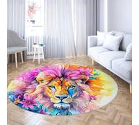 Fantasy Aquarelle Lion Rond Tapis crinière coloré Fleur Impression Accent Cercle Tapis Pliable antidérapant Mince pour la blanchisserie de la Chambre d’Enfant 80cm