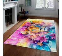 Fantasy Aquarelle Lion Tapis pour Chambre à Coucher crinière colorée et Fleurs Impression d’Accent Tapis Mince antidérapant Pliable pour la blanchisserie Chambre d’Enfant 60x90cm