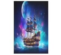 Fantasy Bateau Pirate 1000 Pièces Puzzle en Bois pour Adultes Enfants, Puzzles Impossible, Jeu D'adresse pour Toute La Famille, （78×53cm）