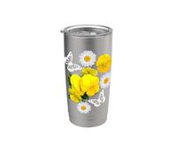 Fantasy Blanc Papillon Marguerites Jaunes Pensées Formes Mania Gobelet isotherme en acier inoxydable double paroi