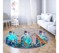 Fantasy Blue Bouteille Rond Tapis Dessin Animé Éléphants Girafe Animal Decor Tapis Antidérapant Tapis Rond À Pils Bas pour Balcon Chambre 160cm