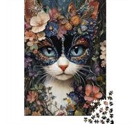 Fantasy Cat Art Jigsaw Puzzle for Adults Kids Floral Cat with Blue Eyes Age 12 Years Up Educational Game 70x50cm 1000pcs