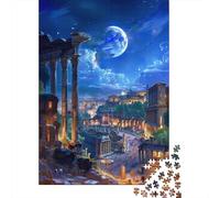 Fantasy Cityscape with Ancient Ruins and Bright Moon Panneau Métallique Rustique 38x26cm/1000pcs pour Le Salon, Idée Cadeau De Crémaillère pour Les Amateurs De Plaques Métal