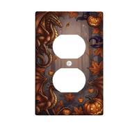 Fantasy Dragon Automne Halloween Citation Duplex Outlet Covers Plate | Feuilles d'érable d'automne, lanternes jack-o'-lanternes, chapeaux de sorcière, art fantastique, décoration saisonnière