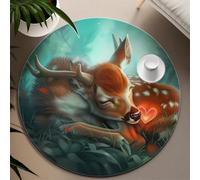 Fantasy Forest cerf Rond Tapis pour Chambre d’Enfant Rustique Animal Coeur Motif Décor rêveur Lavable Mince Tapis pour Salon Chambre à Coucher 150cm