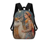 Fantasy Forest Deer And Woman Sacs À Dos Imprimés En 3D Pour Enfants 17inch Sacs À Dos Tendance Et Décontractés Pour La Journée, Sacs De Voyage, Sacs À Dos D'extérieur Pour Garçons Et Filles