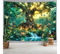 Fantasy Forest Nature Tenture Murale Magique Jungle Arbre Cascade Champignon Papillon Tapisserie Plante Trippy Botanique Esthétique pour Chambre Salon 90x70 Vert