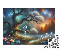 Fantasy Forest with White Cat Puzzles 1000 Pièces Cadeau Unique Jeu Éducatif Challenge Toy À De Qualité Supérieure Peinture Art pour Adultes Et Enfants À Partir De 12 Ans 38x26cm/1000pcs